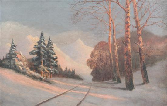 Mikhail M. Germachev (1867-1930) Sunset over a winter landscape, 16 x 24in.